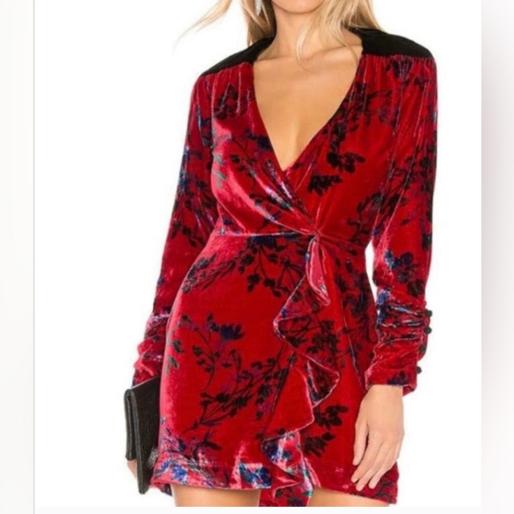 House of Harlow 1960 Revolve Red Floral Velvet Wrap Dress Holiday Party Wedding